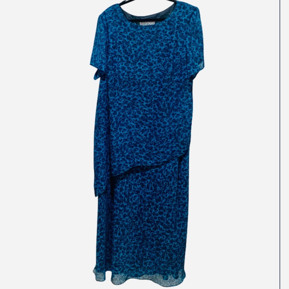 DRESS 2XL Leopard Blue and Black Jessica Howard Tiered Short Sleeve Lined Sheer